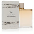 Burberry Her London Dream 3.3 oz EDP. Sleek clear glass bottle, nude cap, and elegant white branded box.