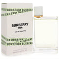 Burberry Her Eau de Toilette 3.4 oz spray. Chic clear glass bottle with light green liquid, white cap, gold accent, and branded box.