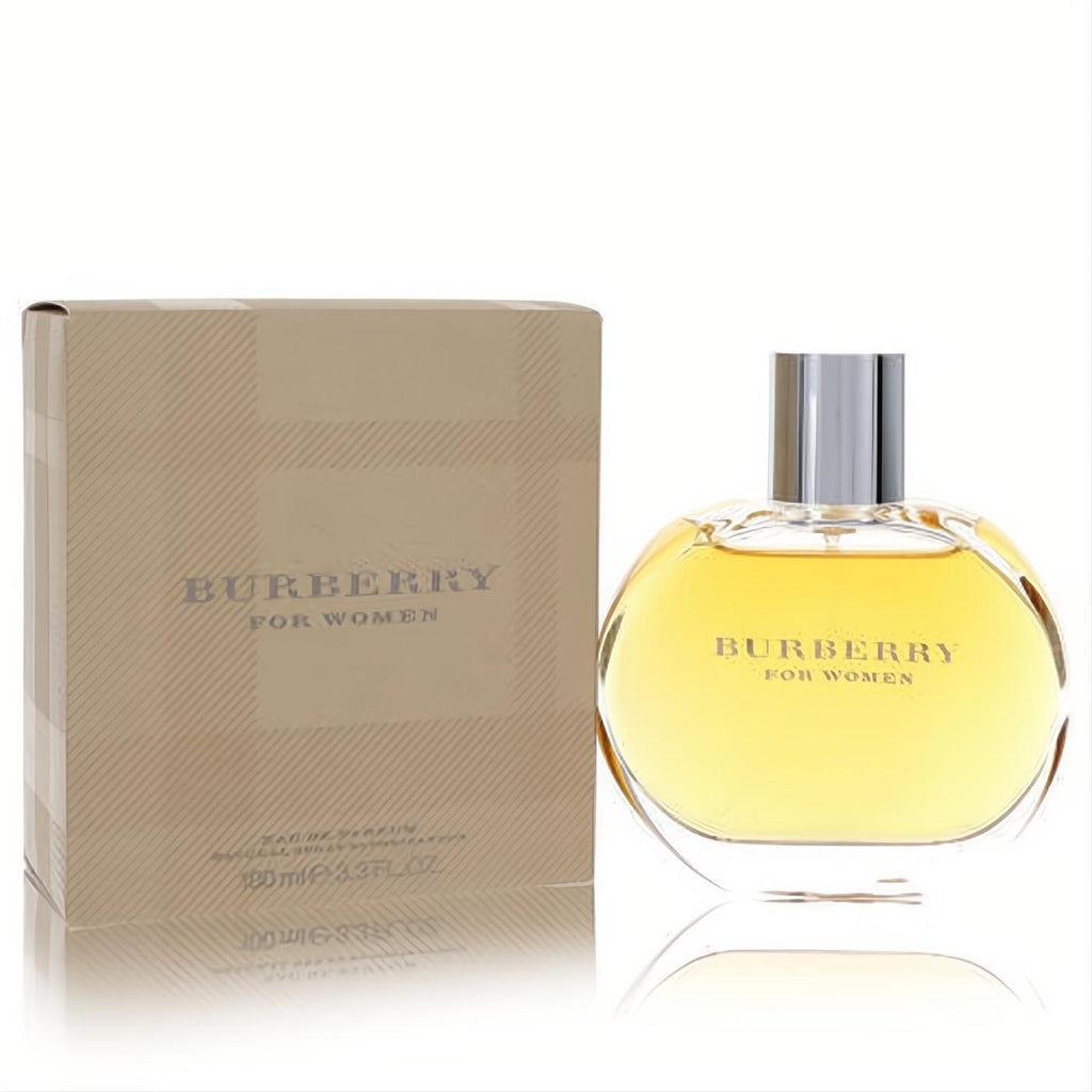 Elegant Burberry for Women 3.3 oz Eau De Parfum. Features a clear oval bottle with golden liquid, silver cap, and a chic beige striped box.