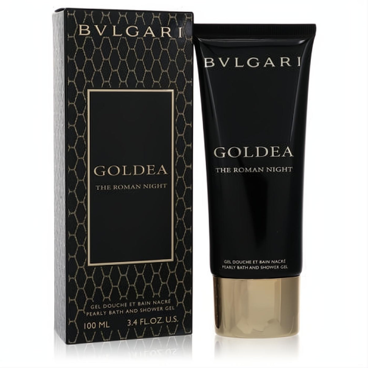 Bvlgari Goldea The Roman Night 3.4 oz Pearly Bath and Shower Gel. Elegant black tube with gold accents and matching box.