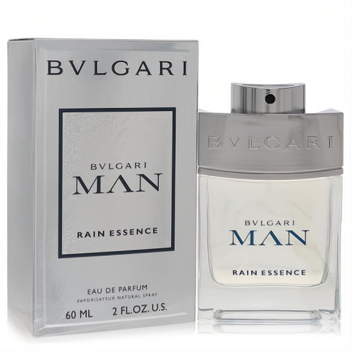 Elevate your scent with Bvlgari Man Rain Essence 2 oz EDP. Sleek clear glass bottle, silver cap, and elegant branded box.