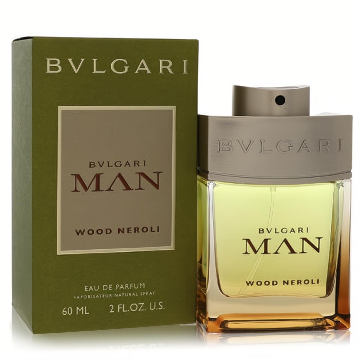 Bvlgari Man Wood Neroli 2 oz EDP. Masculine fragrance in a sleek clear bottle with amber liquid and earthy green box.