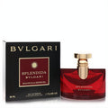 Bvlgari Splendida Magnolia Sensuel 1.7 oz EDP. Bold red faceted bottle with a luxurious gold cap, displayed with its elegant black and red box.