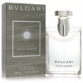Bvlgari Pour Homme 3.4 oz EDT for men. Modern clear glass bottle, polished silver cap, and distinguished olive green box.