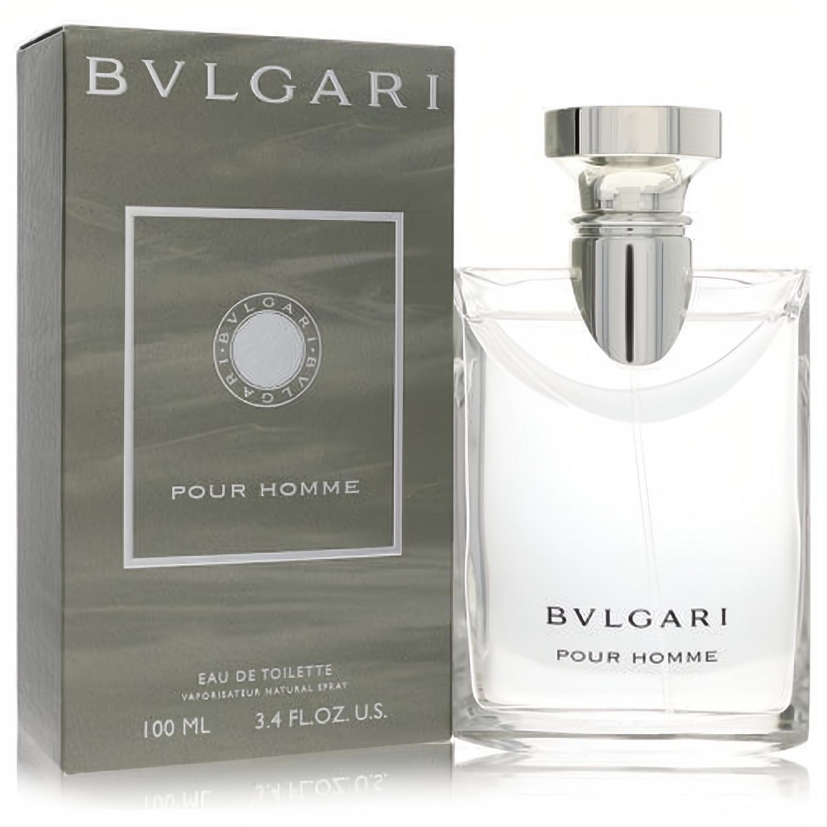 Bvlgari Pour Homme 3.4 oz EDT for men. Modern clear glass bottle, polished silver cap, and distinguished olive green box.