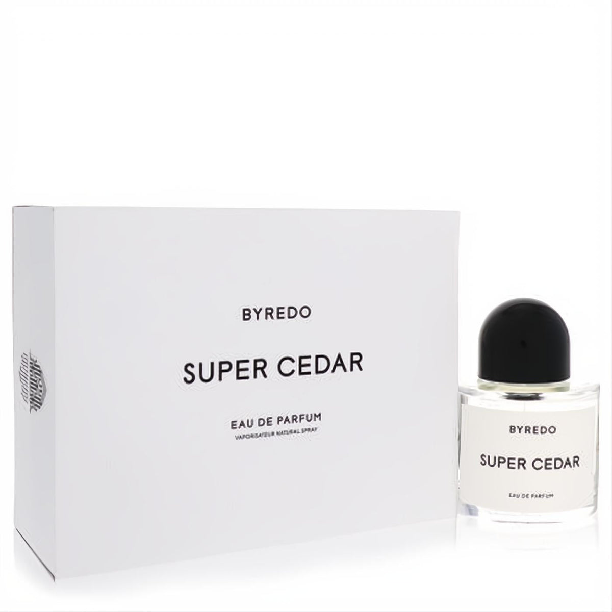 Discover Byredo Super Cedar 3.4 oz Eau De Parfum. Modern clear bottle, sleek black cap, and elegant white packaging.