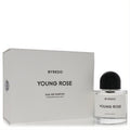 Byredo Young Rose Eau De Parfum 3.4 oz. Elegant clear glass spray bottle with black cap and minimalist white box.