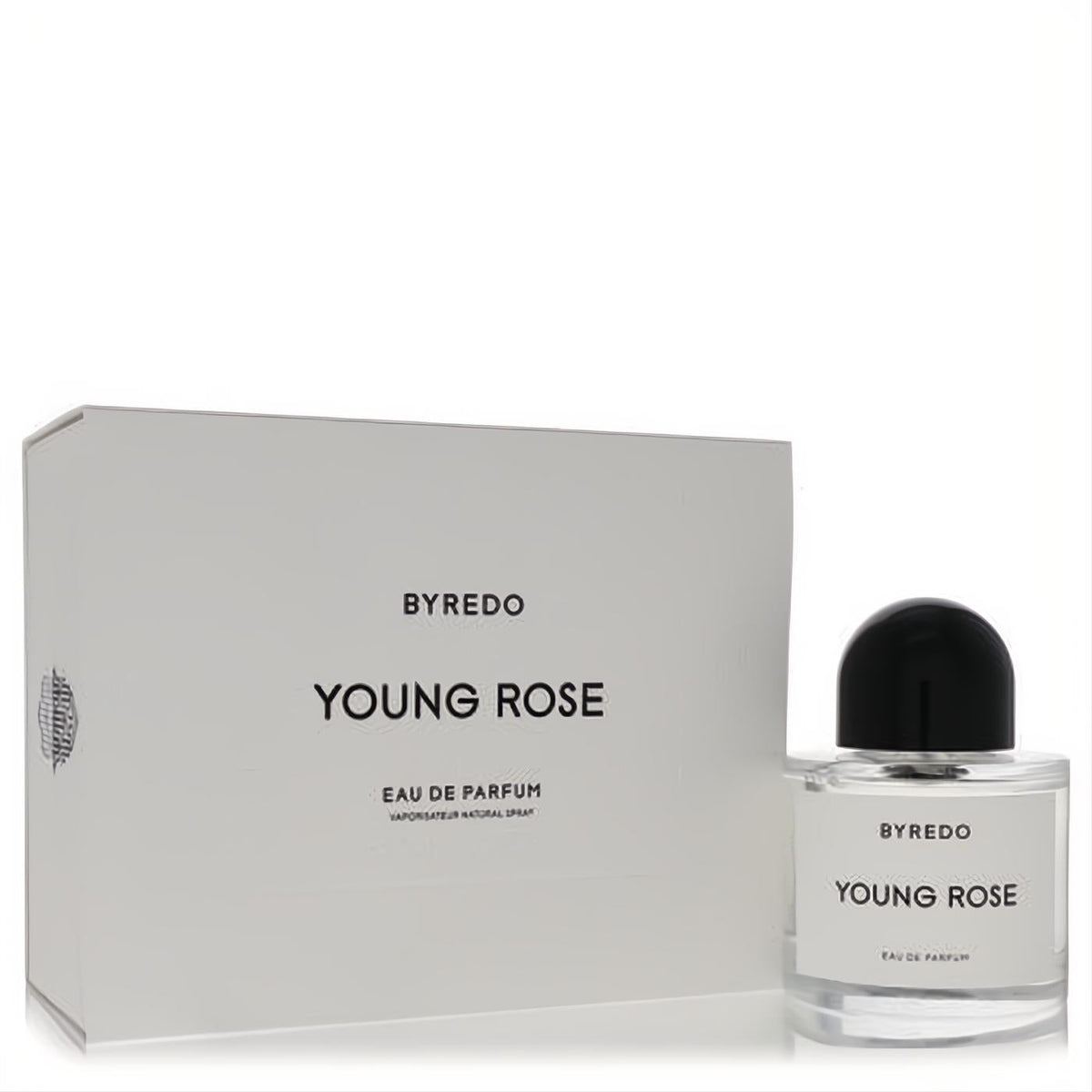 Byredo Young Rose Eau De Parfum 3.4 oz. Elegant clear glass spray bottle with black cap and minimalist white box.