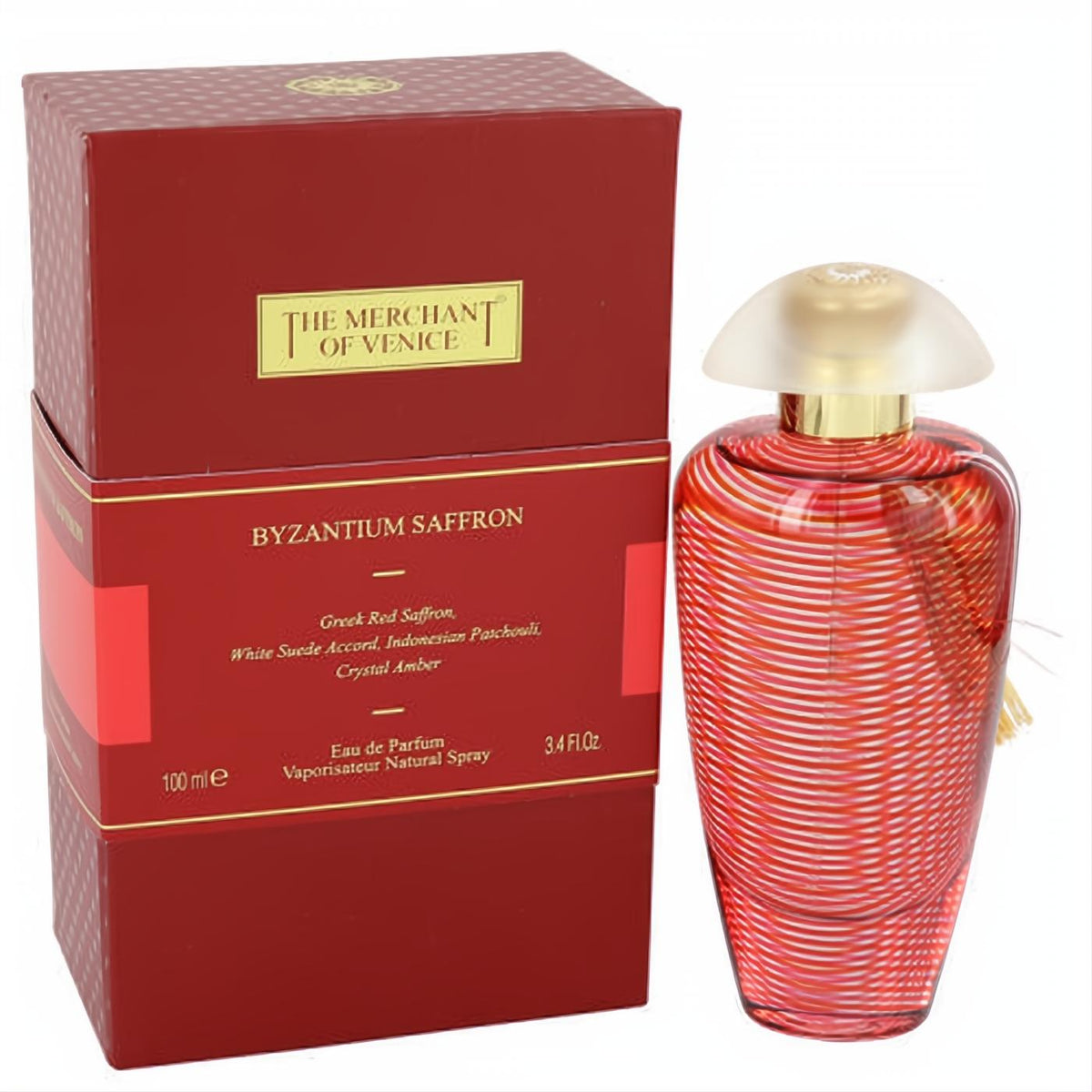 Elegant Byzantium Saffron 3.4 oz EDP in a stunning red striped glass bottle with a frosted amber cap and rich red box.