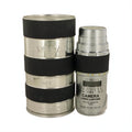 Bold Max Deville Camera Long Lasting men's cologne. Silver metal 3.4 oz bottle and stacked packaging with black grip, designed as camera lenses.