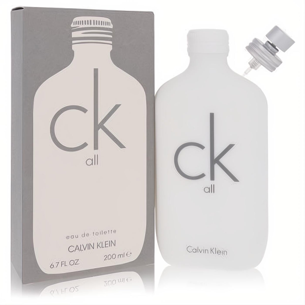 Calvin Klein CK All 6.7 oz unisex EDT in a modern white matte bottle with gray logo, spray nozzle visible, and sleek gray box.