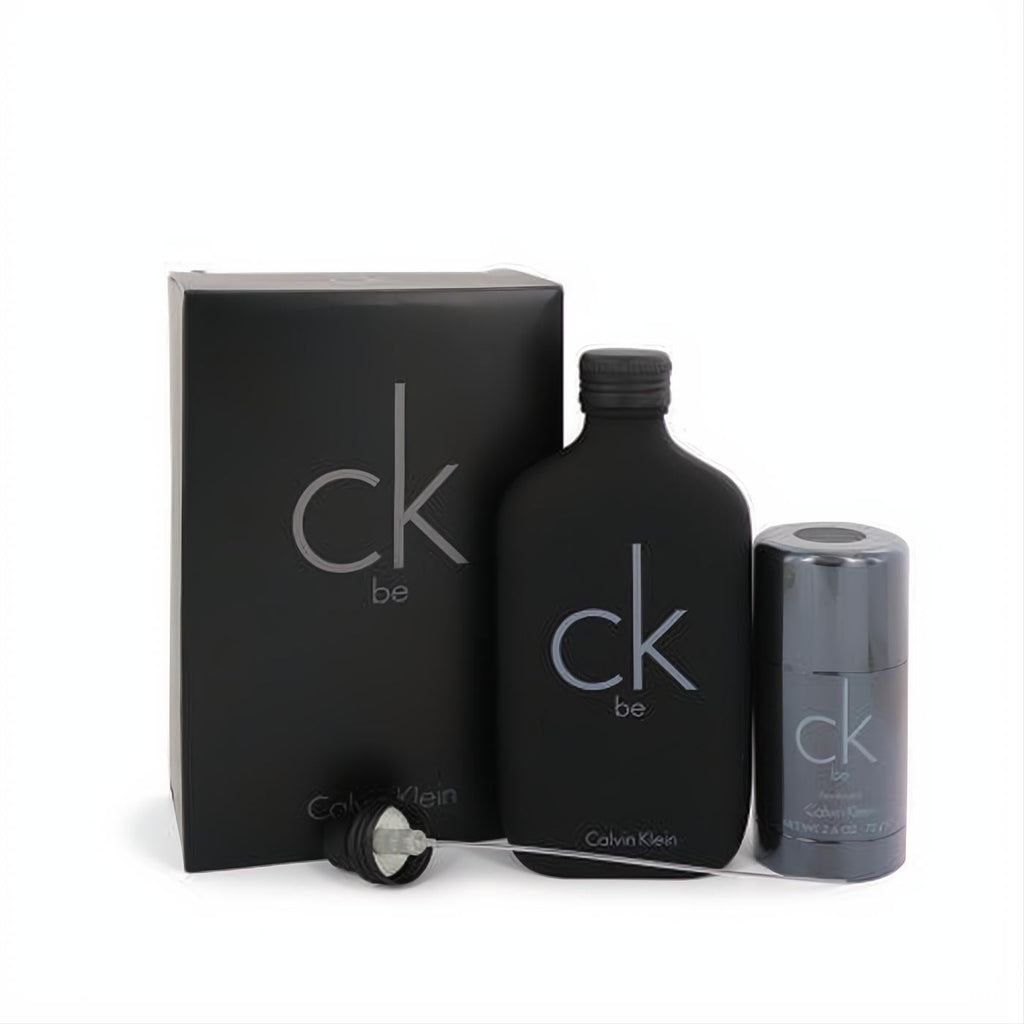 Stylish CK BE Calvin Klein unisex gift set: matte black 6.7oz EDT spray, 2.6oz deodorant stick, and matching box.