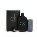 Stylish CK BE Calvin Klein unisex gift set: matte black 6.7oz EDT spray, 2.6oz deodorant stick, and matching box.