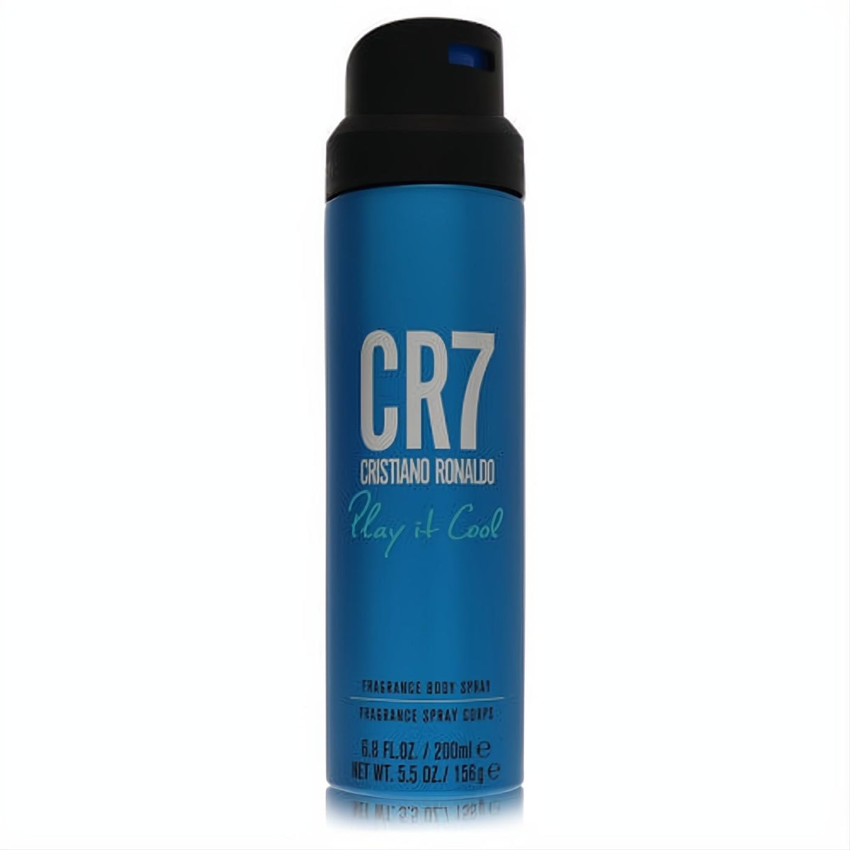 Dynamic blue CR7 Play It Cool by Cristiano Ronaldo 6.8 oz body spray can with bold white logo and sleek black cap.