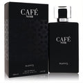 Sophisticated black Café Noire Riiffs 3.4 oz men's Eau De Parfum spray bottle with silver cap and elegant box.