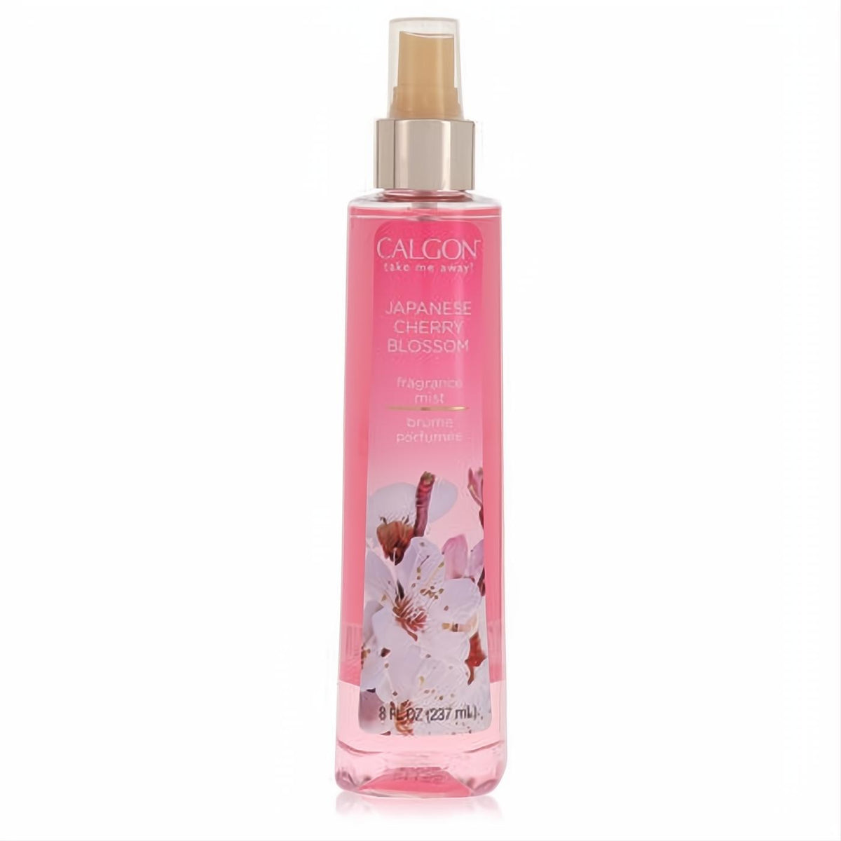 Calgon Take Me Away Japanese Cherry Blossom 8 oz fragrance mist. Pink bottle, gold sprayer, and enchanting floral label.