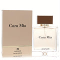 Cara Mia 3.4 oz Eau de Parfum. Elegant clear glass bottle with brown cap and matching beige box. A sophisticated women's fragrance.