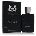 Sophisticated Parfums De Marly Carlisle 4.2 oz unisex EDP fragrance. Matte black bottle with silver cap and embossed crest, next to its elegant box.
