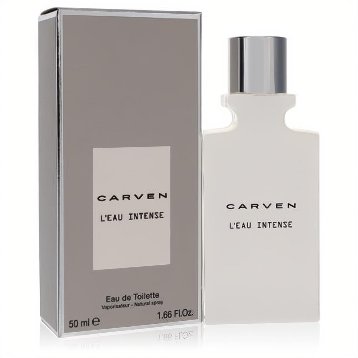 Sophisticated Carven L'eau Intense 1.7 oz men's EDT. Features a sleek white bottle with a silver cap and a modern grey box.