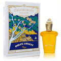 Exquisite Casamorati Dolce Amalfi 1 oz EDP. Frosted yellow bottle with gold cap, next to its artfully illustrated white box.
