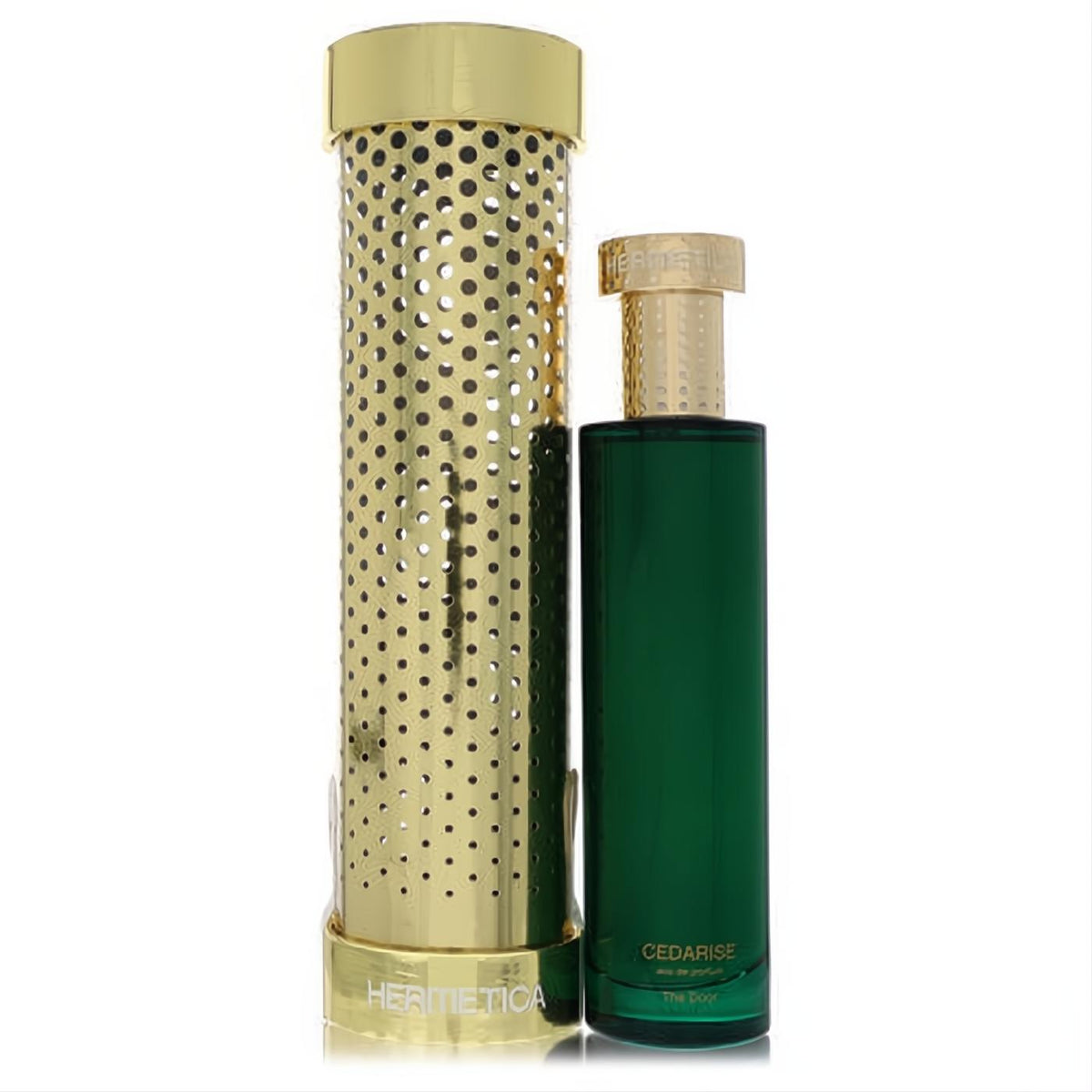 Elegant Hermetica Cedarise 3.4 oz unisex EDP spray, dark green bottle with a distinctive gold perforated metal case.