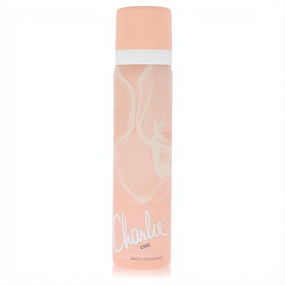 Elegant Revlon Charlie Chic body spray. Peach aerosol can with graceful white swirls and a matching cap, exuding modern femininity.