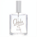 Charlie Silver by Revlon 3.4 oz women's EDT. Clear glass bottle, sleek silver cap, and metallic script branding.