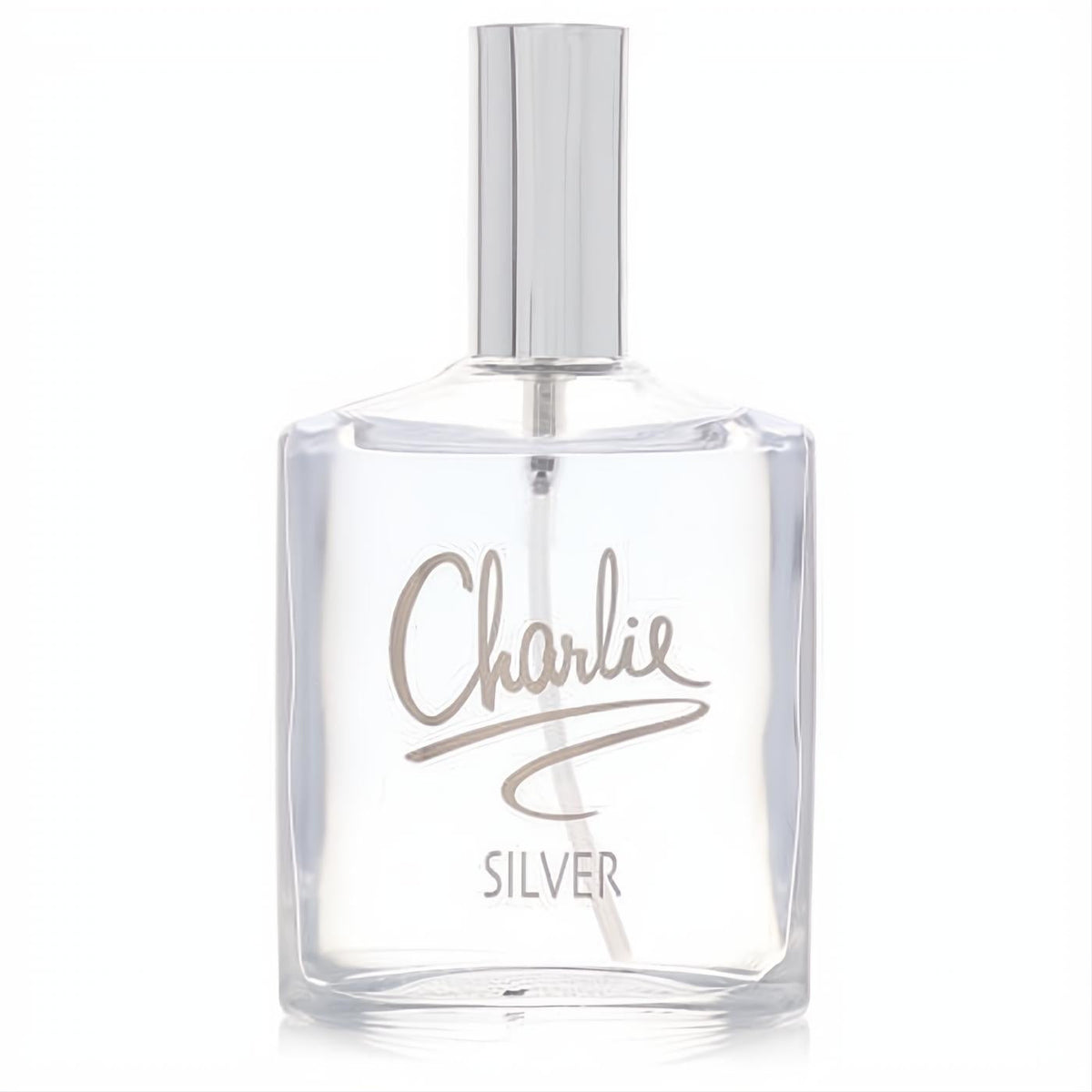 Charlie Silver by Revlon 3.4 oz women's EDT. Clear glass bottle, sleek silver cap, and metallic script branding.