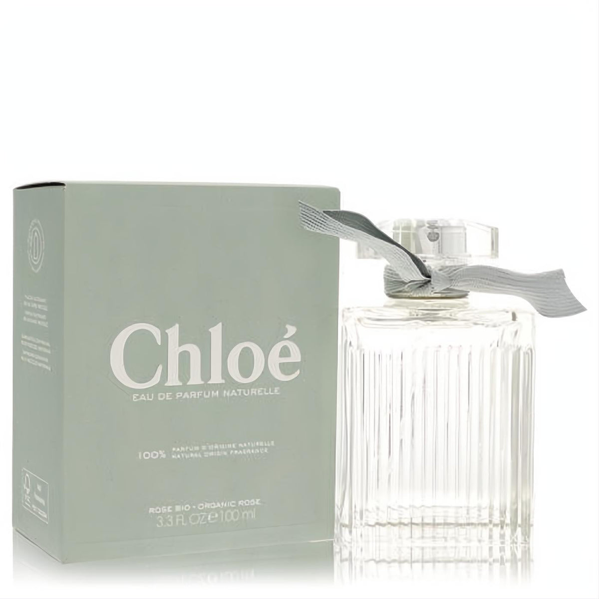 Elegant Chloe Naturelle 3.3 oz EDP spray. Clear fluted glass bottle with chic grey ribbon, beside its signature sage green box.