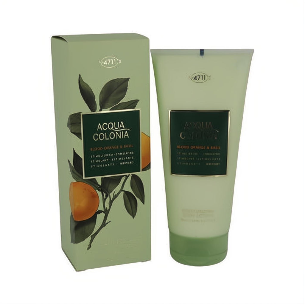 Acqua Colonia Blood Orange & Basil light green box and tube with vibrant botanical design. Experience fresh 4711 fragrance.
