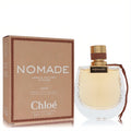 Chloe Nomade Jasmin Naturel Intense 2.5 oz EDP. Luxurious clear glass bottle with gold cap, brown leather detail, and stylish braided tan box.