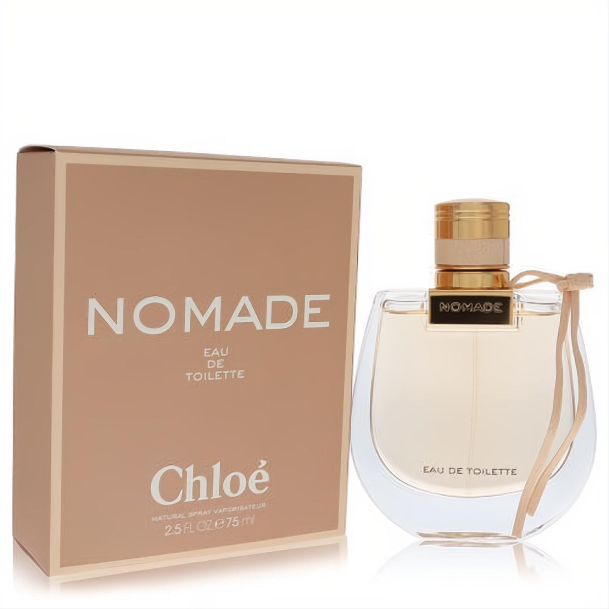 Chloe Nomade 2.5 oz EDT: Feminine curved glass bottle, gold cap, beige leather ribbon, and elegant matching box.