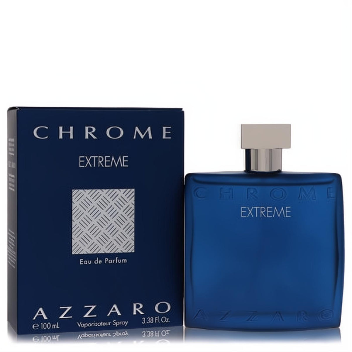 Bold Azzaro Chrome Extreme 3.4 oz men's Eau de Parfum in a sleek deep blue bottle with silver cap and matching box.