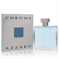 Azzaro Chrome men's 3.4 oz EDT. Modern silver box with blue grid, clear glass bottle holding refreshing blue fragrance.