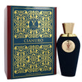 Elegant Cianuro V Canto Extrait De Parfum. Deep blue bottle, gold cap, and ornate gold-patterned box with burgundy sides.