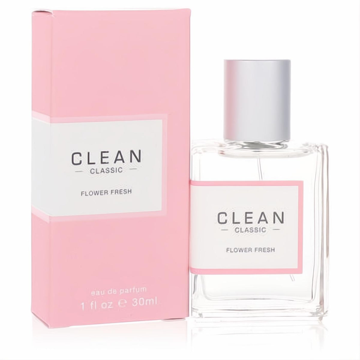 Experience Clean Classic Flower Fresh 1 oz EDP. Clear glass spray bottle, sleek silver cap, and chic pink box.