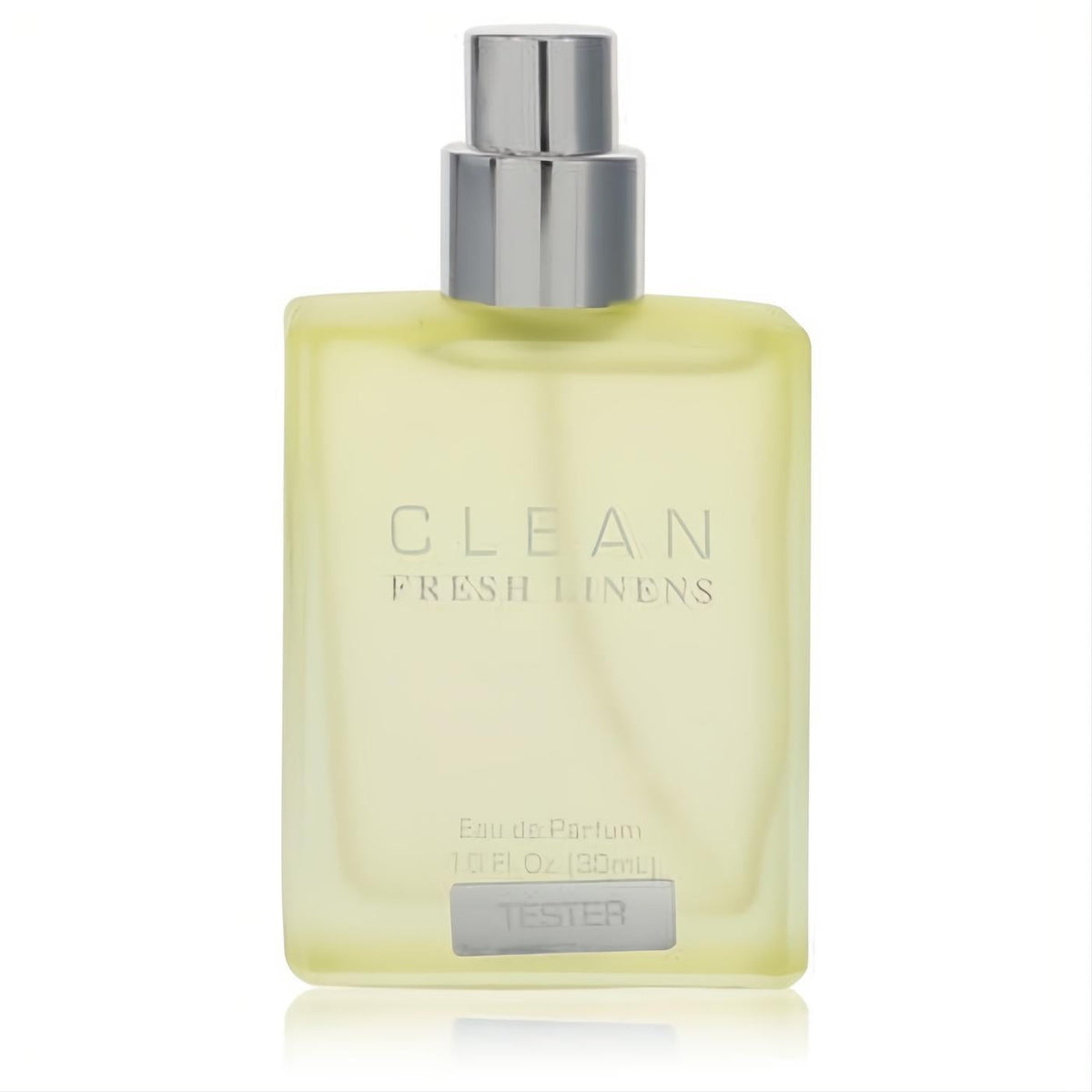 Clean Fresh Linens 1 oz unisex tester EDP. Clear rectangular bottle with pale yellow fragrance, sleek silver spray cap.