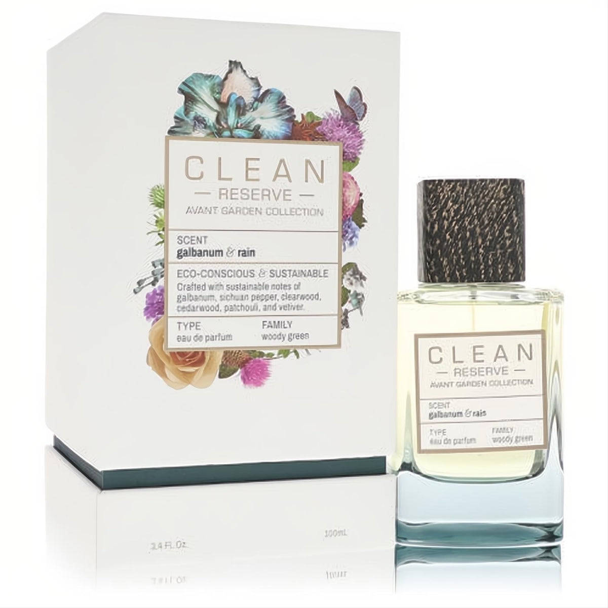 Clean Reserve Galbanum & Rain 3.4 oz unisex woody green EDP. Clear bottle, textured cap, sustainable floral box.