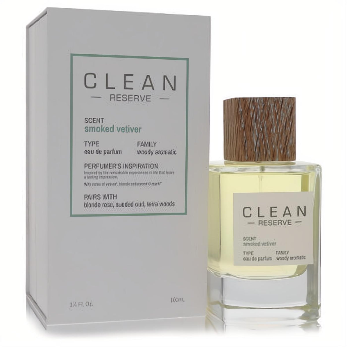 Clean Reserve Smoked Vetiver 3.4 oz Eau de Parfum. Clear glass bottle, natural wood cap, and sleek white box.