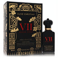Luxurious Clive Christian VII Queen Anne Cosmos Flower 1.6 oz perfume in a black bottle with crown cap, beside its ornate black and gold gift box.