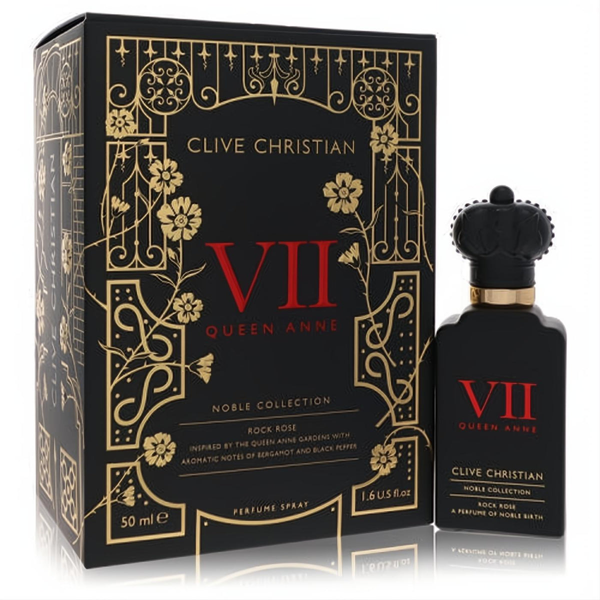 Clive Christian VII Queen Anne Rock Rose 1.6 oz perfume. Black bottle, gold accents, red 'VII', crown cap, and ornate matching box.