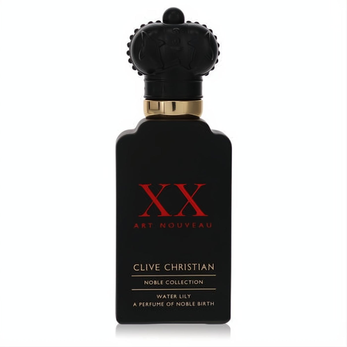Luxurious Clive Christian XX Art Nouveau Water Lily Eau de Parfum. Matte black bottle, striking red XX, gold neck, and ornate crown cap.