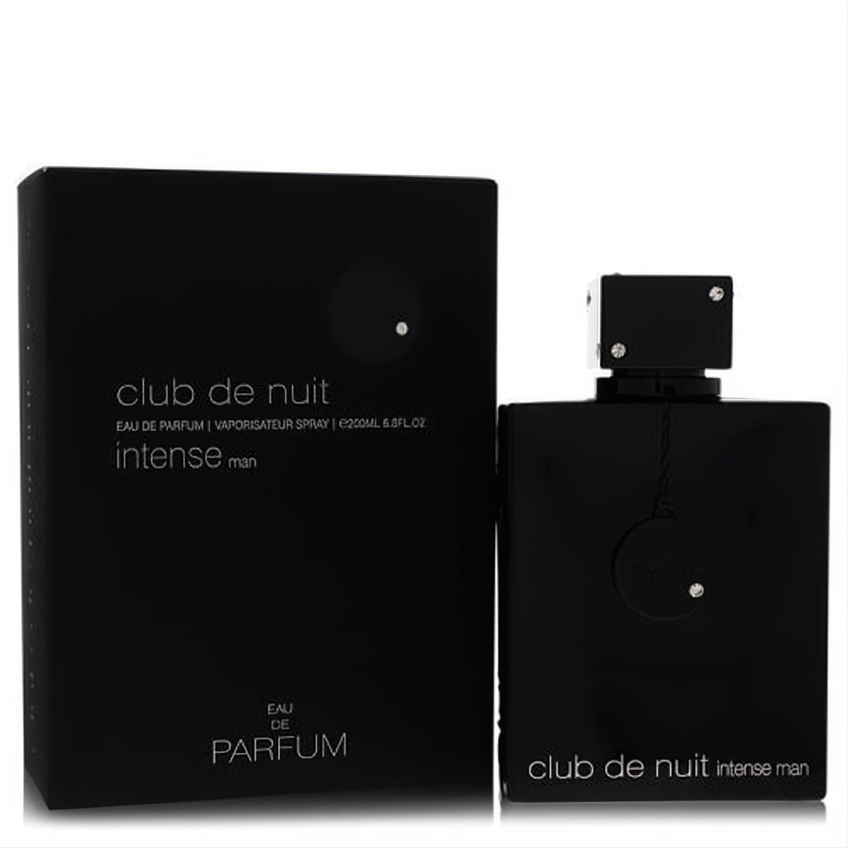 Armaf Club De Nuit Intense Man 6.8 oz EDP: sleek black bottle and box with sparkling silver cap and gems.