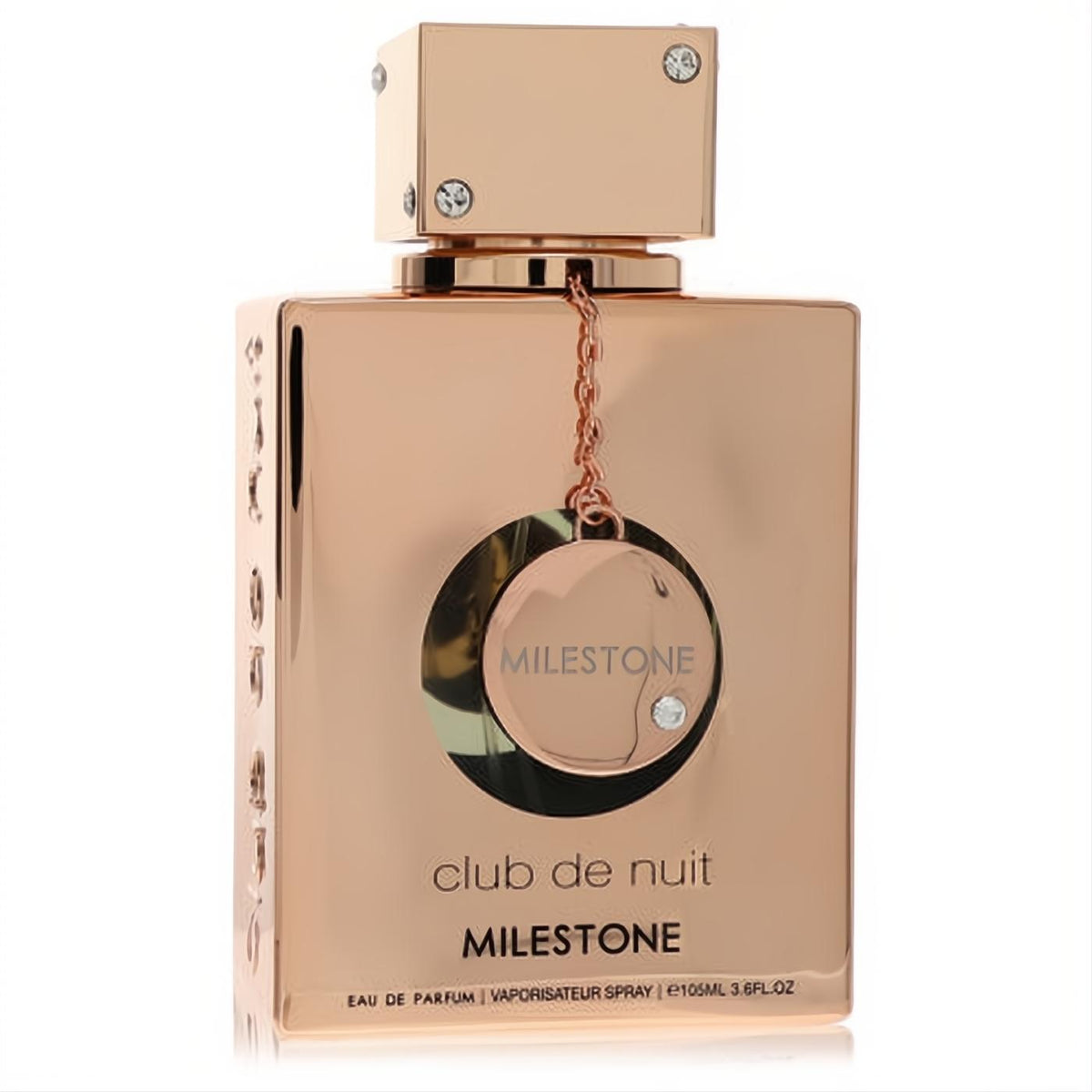 Luxurious rose gold Armaf Club De Nuit Milestone 3.6 oz EDP spray bottle with elegant chain and sparkling gem details.