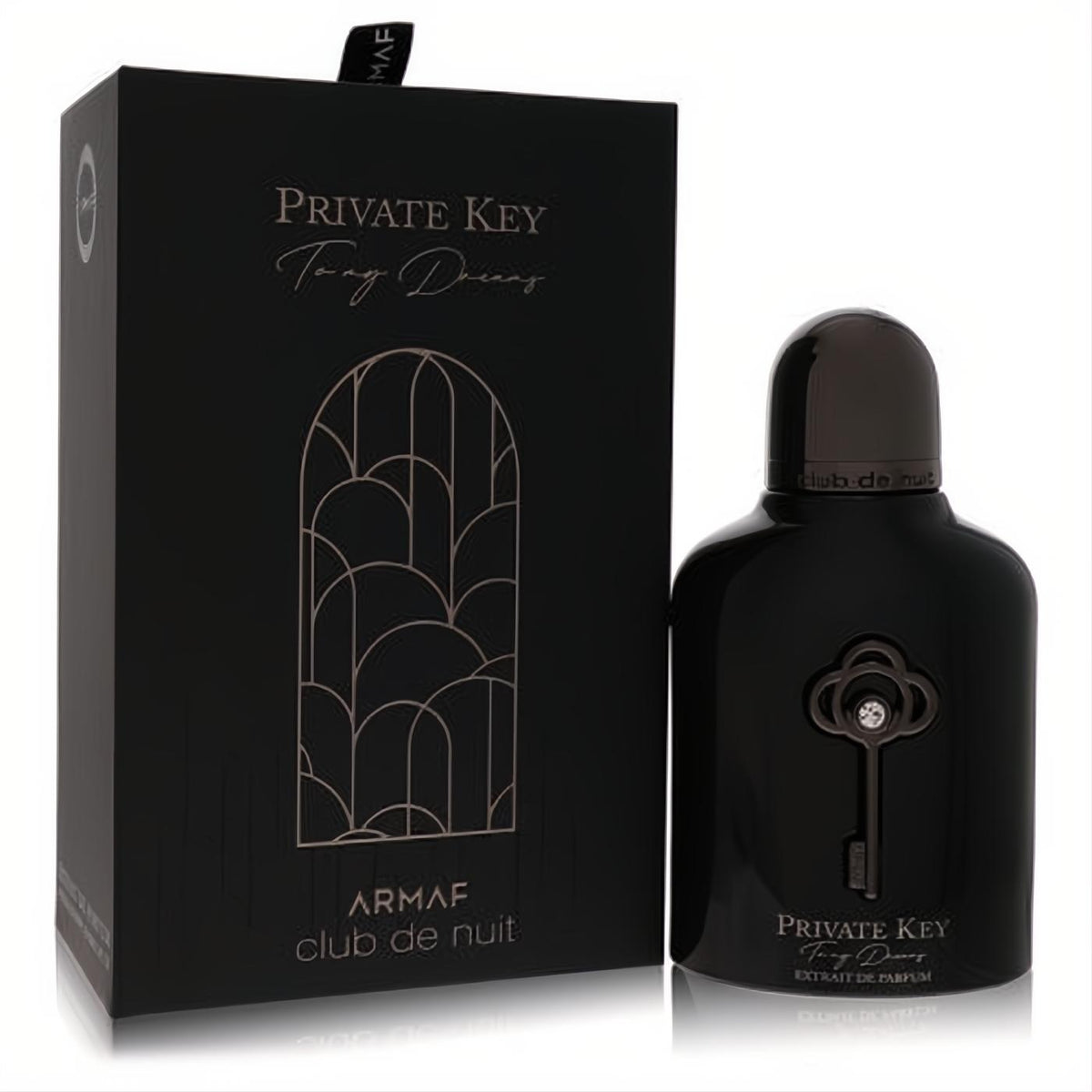 Luxurious black Armaf Private Key To My Dreams 3.4 oz perfume bottle with sparkling crystal key accent and elegant matching box.