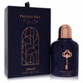 Luxurious Armaf Private Key To My Life 3.4 oz unisex extrait de parfum. Navy bottle with rose gold key, gem, cap, beside elegant box.
