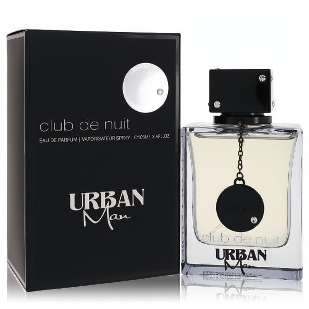 Armaf Club De Nuit Urban Man 3.4 oz EDP. Elegant black box and clear bottle with light amber liquid, bold black cap, and chain detail.