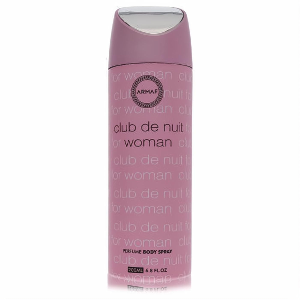 Elegant Armaf Club De Nuit women's perfume body spray. Chic pink 6.8 fl.oz can with a sleek silver cap.