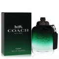 Coach Green 3.3 oz men's EDT spray. Elegant dark green gradient bottle with embossed logo, beside its branded box. Discover your signature scent.