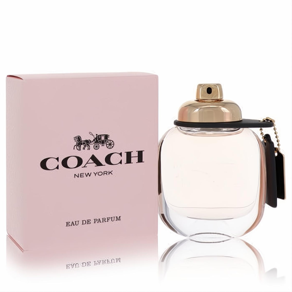 Elegant Coach Eau De Parfum 1.7 oz for women. Clear glass bottle, gold cap, black leather tag, and blush pink box.